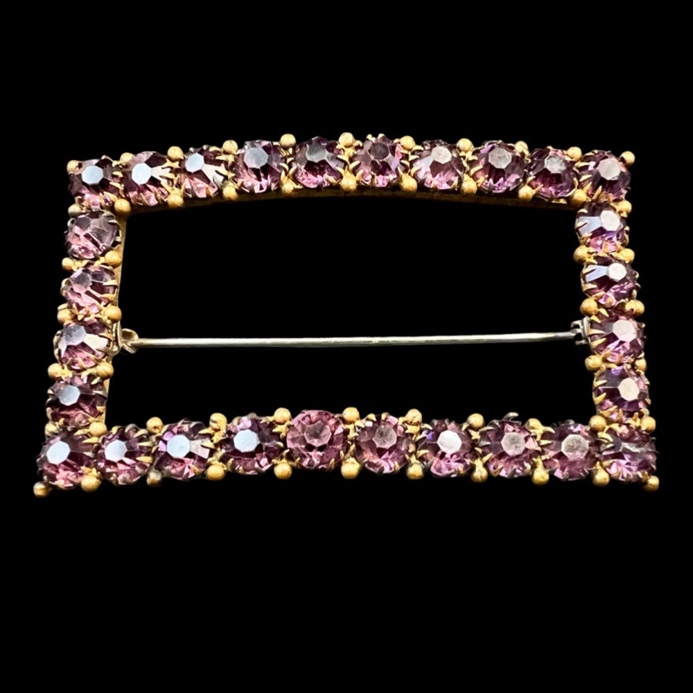 Vintage Purple Amethyst Brooch Buckle Pin Gold Tone Openwork Rectangle